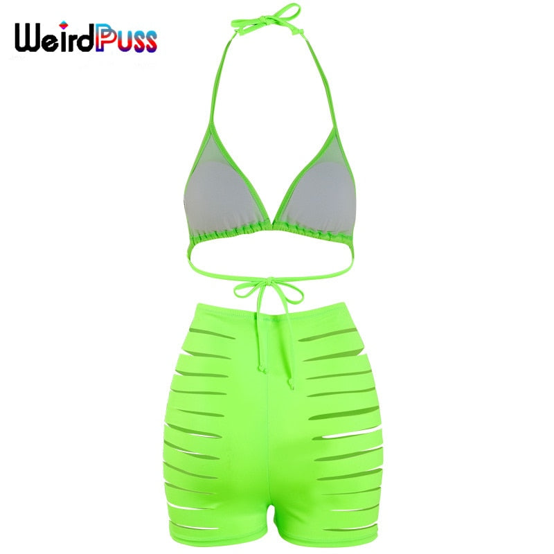Beach Trendy Two-Piece Suit Women Halter Bikini+Hollow Biker Shorts Summer Solid Fashion Bandage Party Clubwear The Clothing Company Sydney