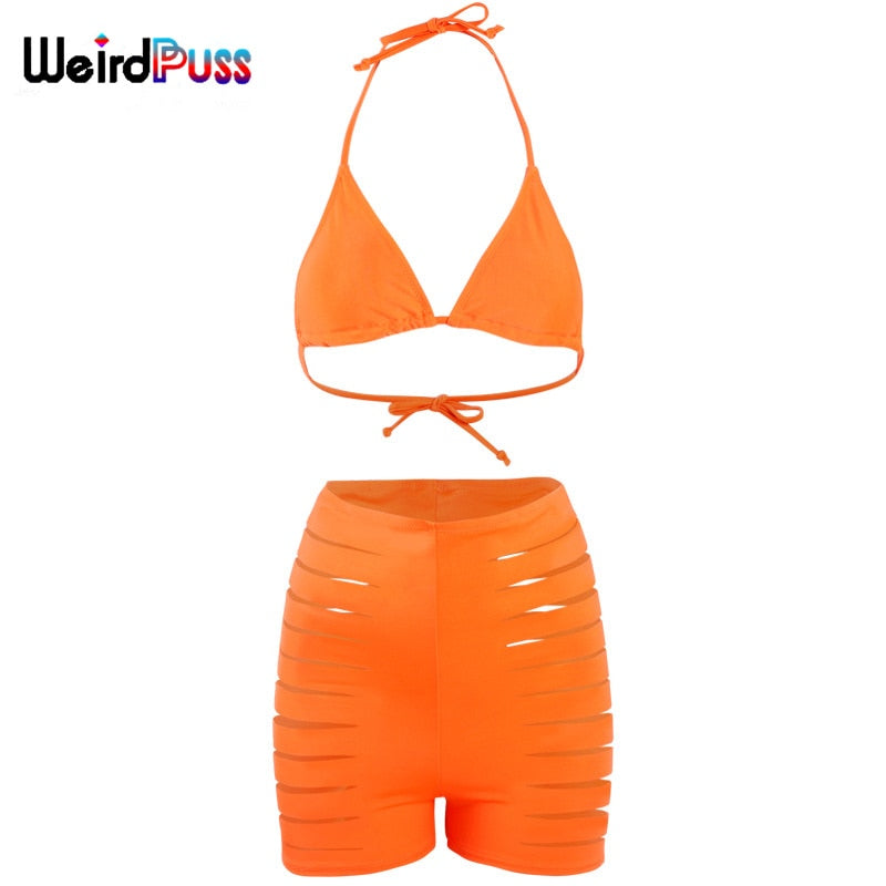 Beach Trendy Two-Piece Suit Women Halter Bikini+Hollow Biker Shorts Summer Solid Fashion Bandage Party Clubwear The Clothing Company Sydney