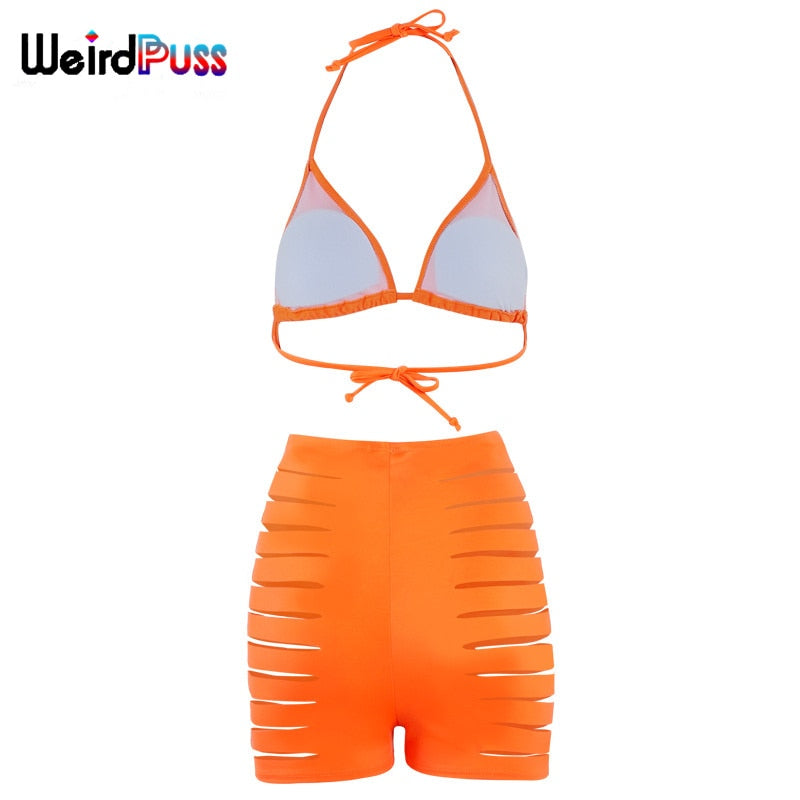 Beach Trendy Two-Piece Suit Women Halter Bikini+Hollow Biker Shorts Summer Solid Fashion Bandage Party Clubwear The Clothing Company Sydney
