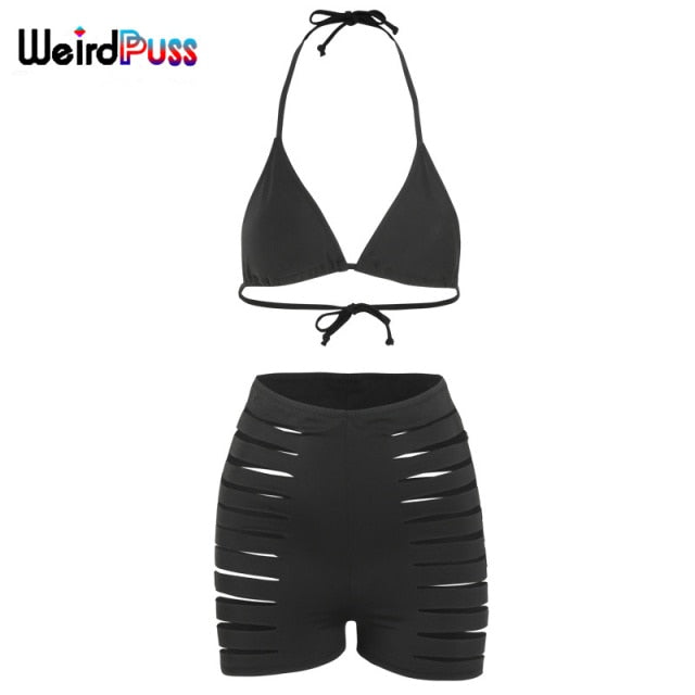Beach Trendy Two-Piece Suit Women Halter Bikini+Hollow Biker Shorts Summer Solid Fashion Bandage Party Clubwear The Clothing Company Sydney