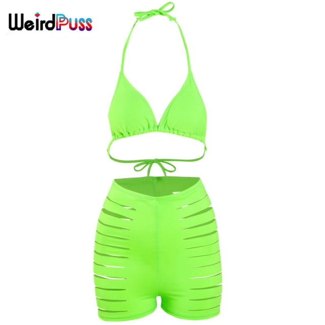 Beach Trendy Two-Piece Suit Women Halter Bikini+Hollow Biker Shorts Summer Solid Fashion Bandage Party Clubwear The Clothing Company Sydney