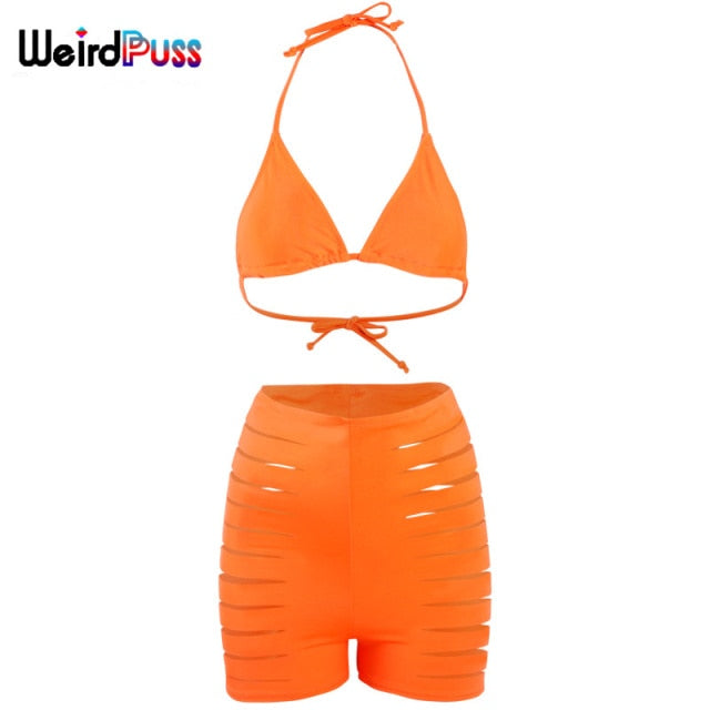 Beach Trendy Two-Piece Suit Women Halter Bikini+Hollow Biker Shorts Summer Solid Fashion Bandage Party Clubwear The Clothing Company Sydney