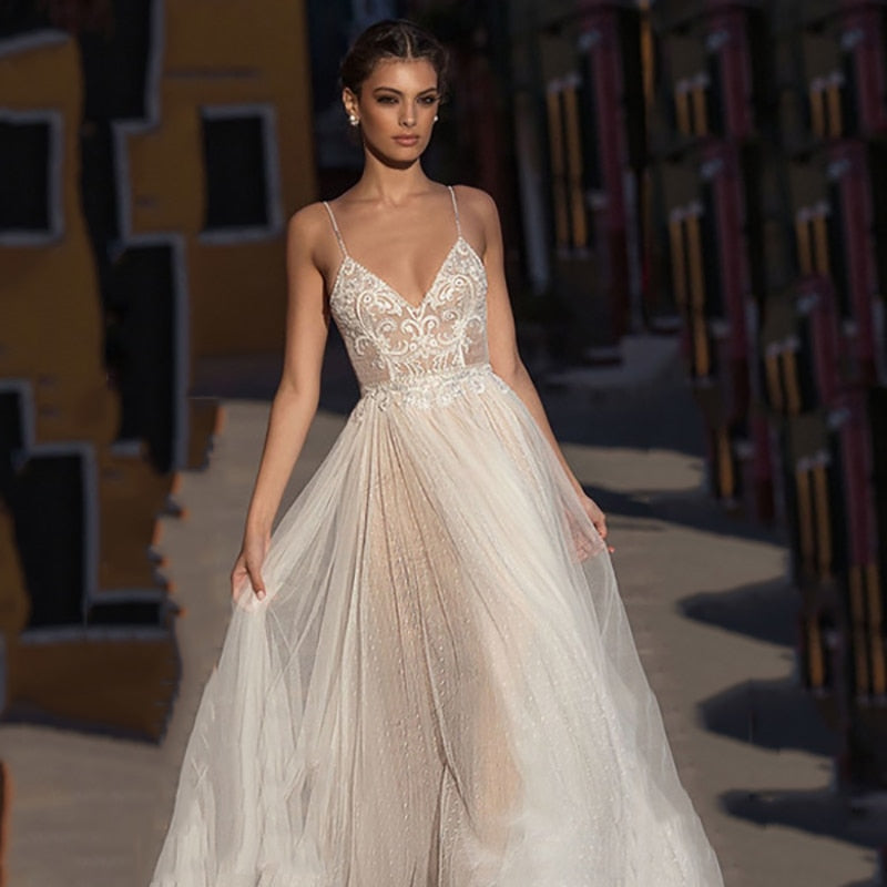 Beach Boho Bohemian Lace Bridal Backless Spaghetti Straps V Neck Wedding Gowns Dress The Clothing Company Sydney