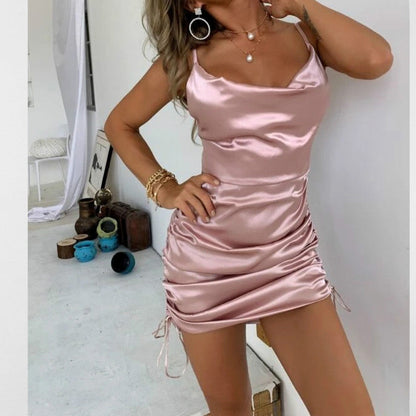 Sleeveless Short Dress Beach Satin Ruched Pleated Drawstring Casual Female Mini Dress The Clothing Company Sydney