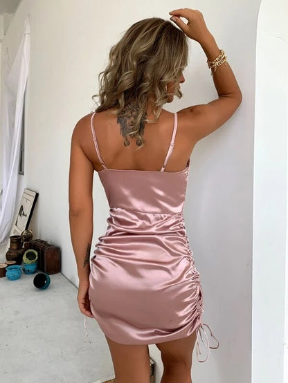Sleeveless Short Dress Beach Satin Ruched Pleated Drawstring Casual Female Mini Dress The Clothing Company Sydney