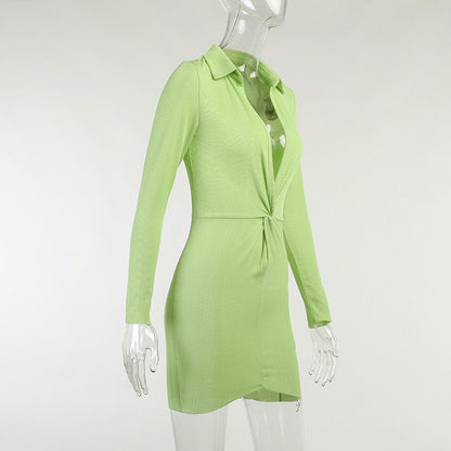 Autumn Fashion Turn-Down Collar Shirt Ruched V Neck Long Sleeve Button Up Mini Dress The Clothing Company Sydney