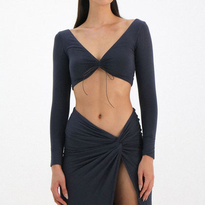 Autumn Fashion Outfits Top and Skirt Set Drawstring Ruched Long Sleeve Two Piece Set Bodycon Skirts Split The Clothing Company Sydney