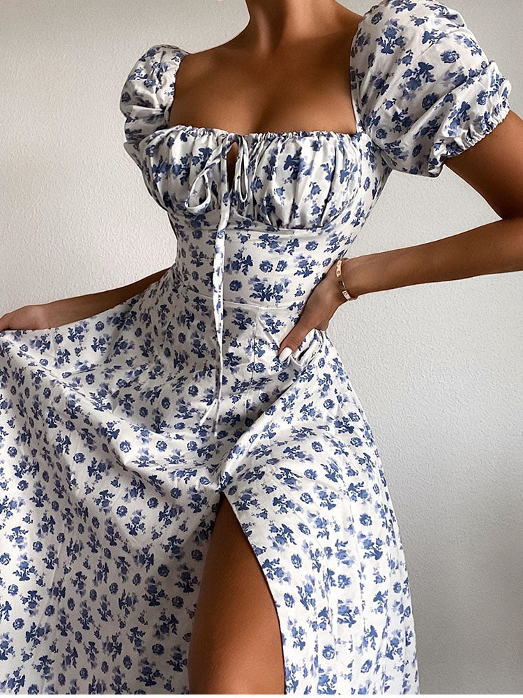 Summer Floral Print Party Long Dresses Puff Short Sleeve Elegant Club Chic Maxi Split Dresses The Clothing Company Sydney