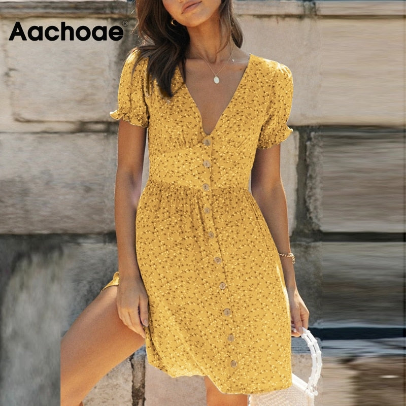 Bohemian Floral Print Mini V Neck Summer Beach Ruffle Short Sleeve A-line Buttons Casual Dress The Clothing Company Sydney