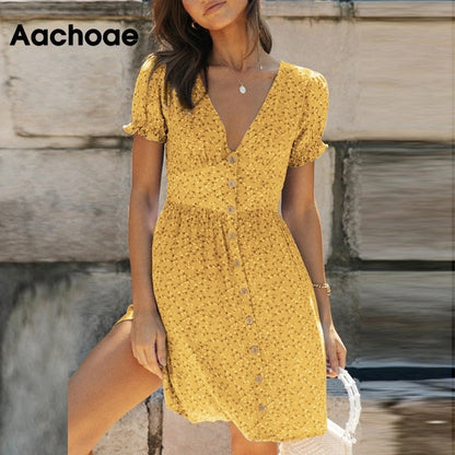 Bohemian Floral Print Mini V Neck Summer Beach Ruffle Short Sleeve A-line Buttons Casual Dress The Clothing Company Sydney