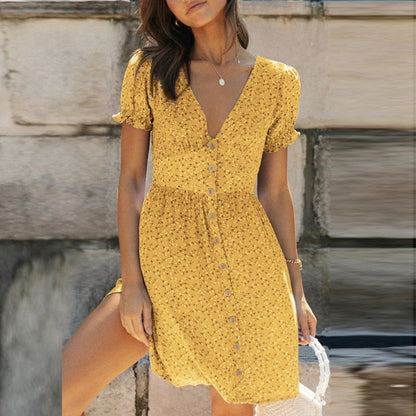 Bohemian Floral Print Mini V Neck Summer Beach Ruffle Short Sleeve A-line Buttons Casual Dress The Clothing Company Sydney