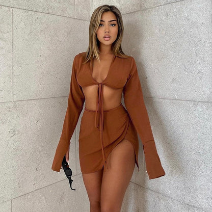 Bandage Tie Front Top and Skirt Set Fall Matching Set Split Skirt Club Party Outfit The Clothing Company Sydney