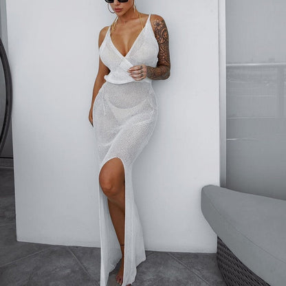 Crochet Beach Maxi See Through Plunge Backless Bandage Sleeveless Lacing Split Long Dresses The Clothing Company Sydney