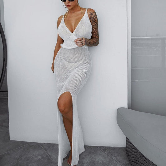 Crochet Beach Maxi See Through Plunge Backless Bandage Sleeveless Lacing Split Long Dresses The Clothing Company Sydney