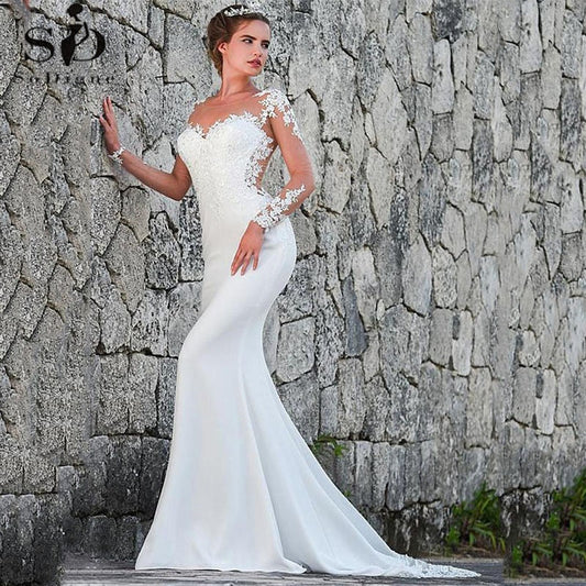 Vintage Mermaid Wedding Dress Scoop-Neck Full Sleeves Wedding Gown Zipper Back Lace Satin Bride Dress Robe The Clothing Company Sydney