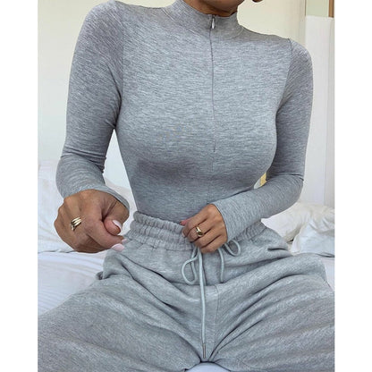 Solid zipper bodysuit stretch long sleeve bodycon sexy streetwear autumn winter body basic sporty active wear The Clothing Company Sydney