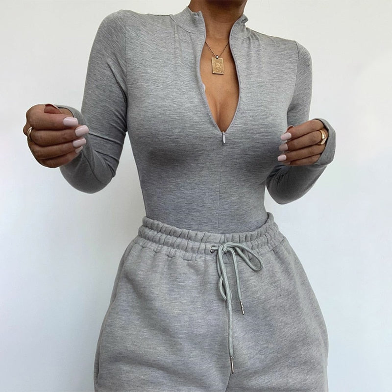 Solid zipper bodysuit stretch long sleeve bodycon sexy streetwear autumn winter body basic sporty active wear The Clothing Company Sydney