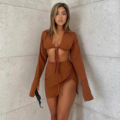 Autumn Casual Two Piece Skirts Sets Long Lantern Sleeve Lace Up Tops+Side Slit Mini Skirts Outfits The Clothing Company Sydney