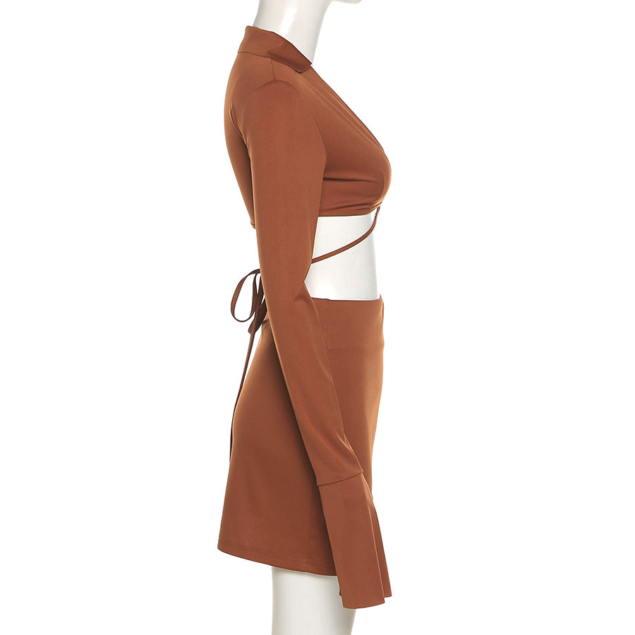 Autumn Casual Two Piece Skirts Sets Long Lantern Sleeve Lace Up Tops+Side Slit Mini Skirts Outfits The Clothing Company Sydney