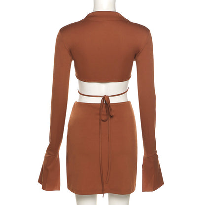 Autumn Casual Two Piece Skirts Sets Long Lantern Sleeve Lace Up Tops+Side Slit Mini Skirts Outfits The Clothing Company Sydney