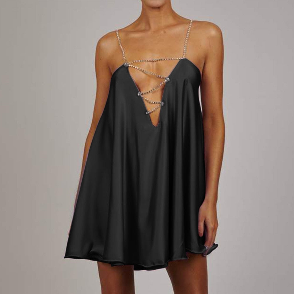 Chain Suspender Short Hollow V-neck A-line Dress Club Wear Dress The Clothing Company Sydney