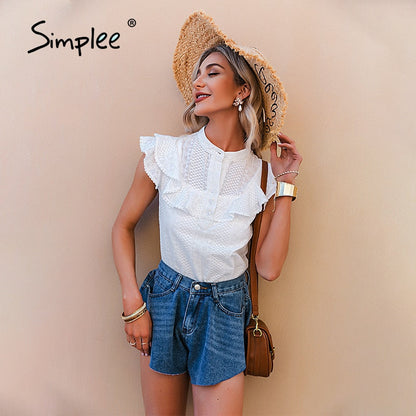 Elegant ruffled lace women blouse spring Embroidery button band collar shirt summer top The Clothing Company Sydney