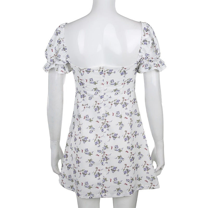 White Floral Bandage Ruched Office Puff  Sleeve High Street A line Summer Casual Mini Dress The Clothing Company Sydney