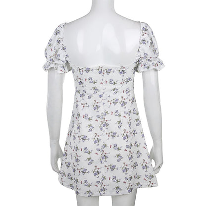 White Floral Bandage Ruched Office Puff  Sleeve High Street A line Summer Casual Mini Dress The Clothing Company Sydney