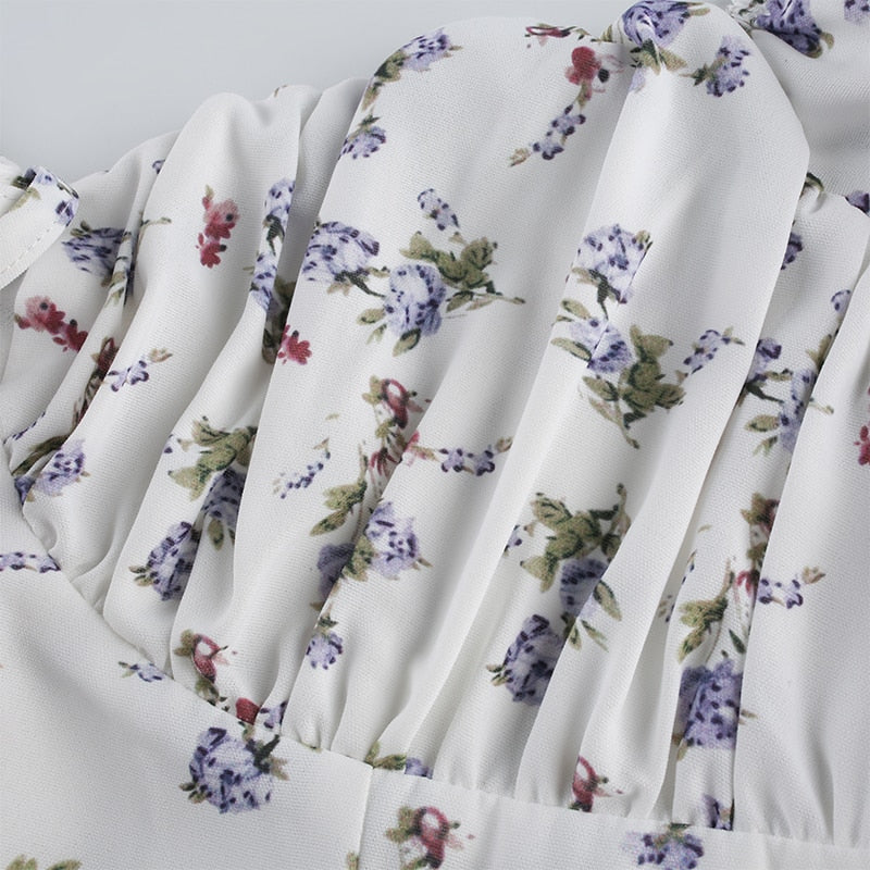 White Floral Bandage Ruched Office Puff  Sleeve High Street A line Summer Casual Mini Dress The Clothing Company Sydney