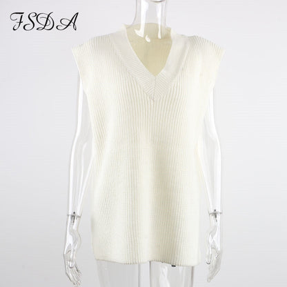 V Neck Sleeveless Sweater Vest Knitted Jumper Autumn Winter Split White Preppy Pullover Loose Top The Clothing Company Sydney