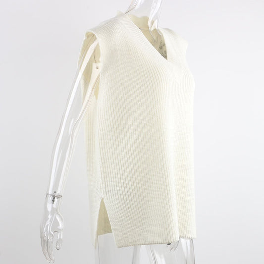 V Neck Sleeveless Sweater Vest Knitted Jumper Autumn Winter Split White Preppy Pullover Loose Top The Clothing Company Sydney