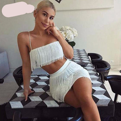 2 Piece Summer Tassel Elegant Club Party Off Shoulder Tassel Embellished Mini Fringe Dress The Clothing Company Sydney