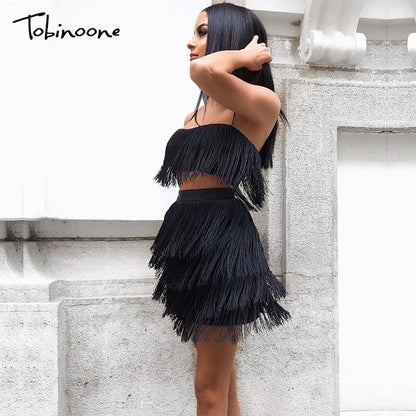 2 Piece Summer Tassel Elegant Club Party Off Shoulder Tassel Embellished Mini Fringe Dress The Clothing Company Sydney