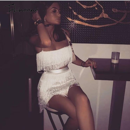2 Piece Summer Tassel Elegant Club Party Off Shoulder Tassel Embellished Mini Fringe Dress The Clothing Company Sydney