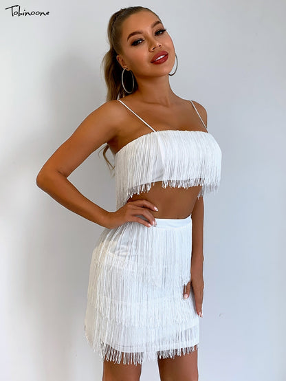 2 Piece Summer Tassel Elegant Club Party Off Shoulder Tassel Embellished Mini Fringe Dress The Clothing Company Sydney