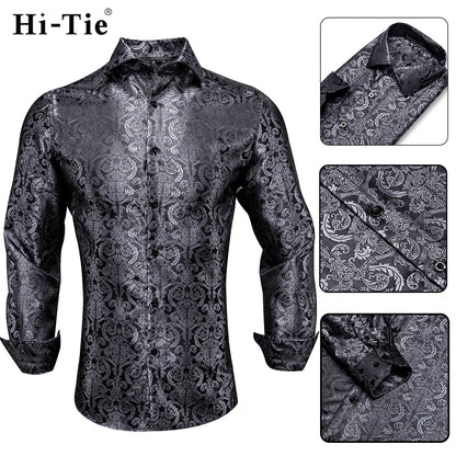 Blue Men's Shirts Paisley Floral Silk Gold Long Sleeve Casual Shirt Business Party Wedding Dress Shirt The Clothing Company Sydney