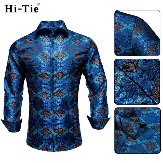 Blue Men's Shirts Paisley Floral Silk Gold Long Sleeve Casual Shirt Business Party Wedding Dress Shirt The Clothing Company Sydney
