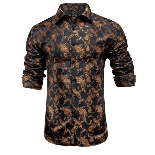 Blue Men's Shirts Paisley Floral Silk Gold Long Sleeve Casual Shirt Business Party Wedding Dress Shirt The Clothing Company Sydney