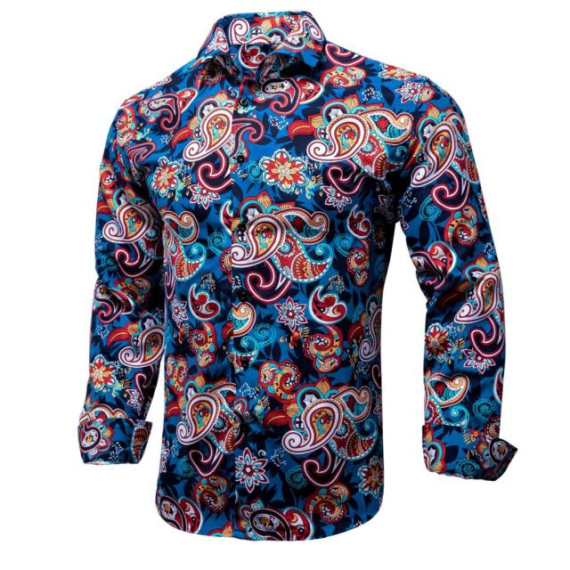 Blue Men's Shirts Paisley Floral Silk Gold Long Sleeve Casual Shirt Business Party Wedding Dress Shirt The Clothing Company Sydney