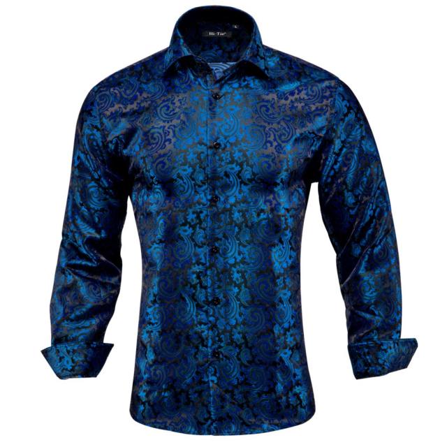 Blue Men's Shirts Paisley Floral Silk Gold Long Sleeve Casual Shirt Business Party Wedding Dress Shirt The Clothing Company Sydney