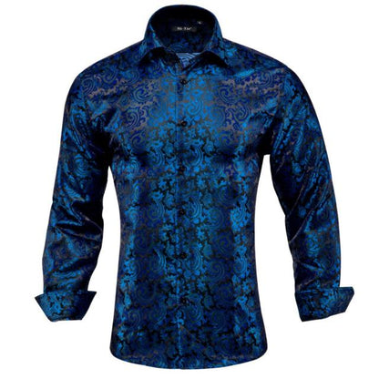 Blue Men's Shirts Paisley Floral Silk Gold Long Sleeve Casual Shirt Business Party Wedding Dress Shirt The Clothing Company Sydney