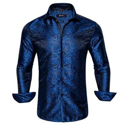 Blue Men's Shirts Paisley Floral Silk Gold Long Sleeve Casual Shirt Business Party Wedding Dress Shirt The Clothing Company Sydney