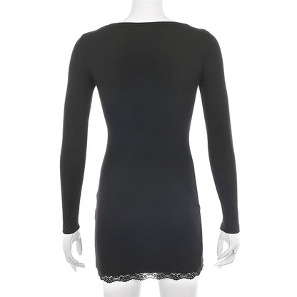 Square Neck Lace Patchwork Bodycon Black Elegant Cotton Fashion Side Split Autumn Dress The Clothing Company Sydney