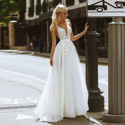 Deep V-Neck Lace Pearls Buttons Back A-Line Formal Gown Beach Bridal Wedding Dress The Clothing Company Sydney