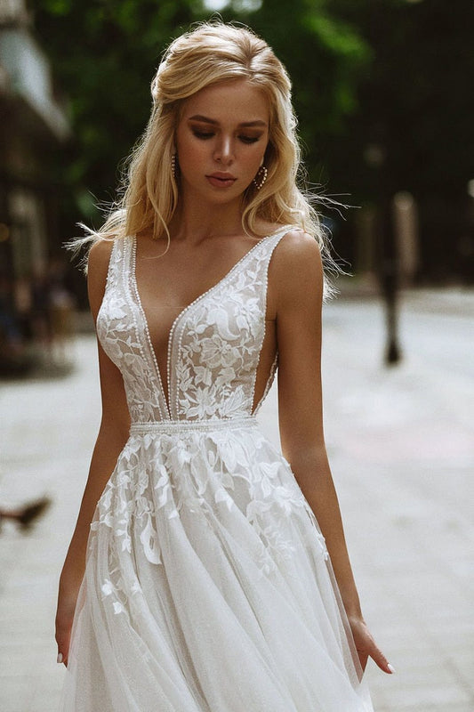 Deep V-Neck Lace Pearls Buttons Back A-Line Formal Gown Beach Bridal Wedding Dress The Clothing Company Sydney
