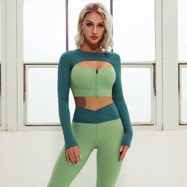 2 Piece Yoga Sets Zipper Crop Top Layered Long Sleeve Crop Top High Waisted Wrap V Waist Leggings The Clothing Company Sydney