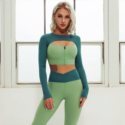 2 Piece Yoga Sets Zipper Crop Top Layered Long Sleeve Crop Top High Waisted Wrap V Waist Leggings The Clothing Company Sydney