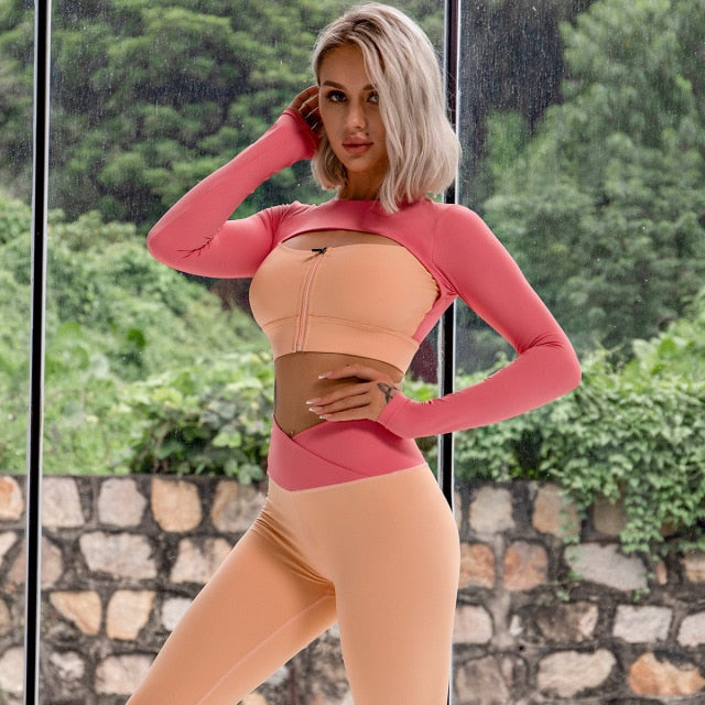 2 Piece Yoga Sets Zipper Crop Top Layered Long Sleeve Crop Top High Waisted Wrap V Waist Leggings The Clothing Company Sydney
