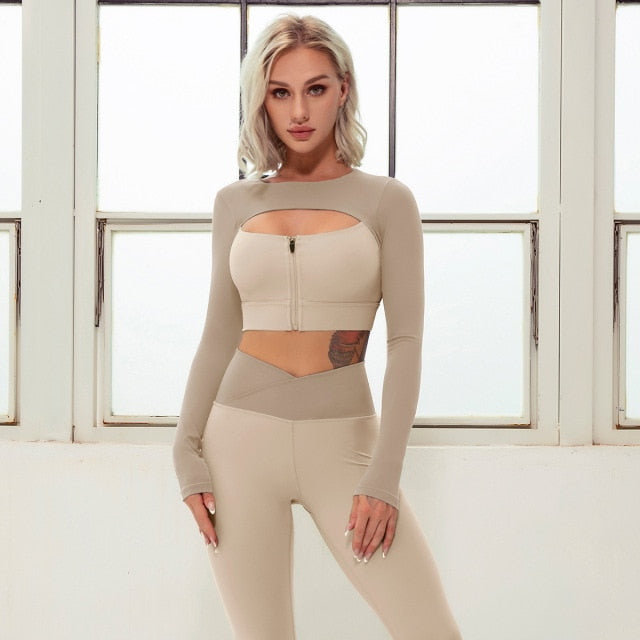 2 Piece Yoga Sets Zipper Crop Top Layered Long Sleeve Crop Top High Waisted Wrap V Waist Leggings The Clothing Company Sydney