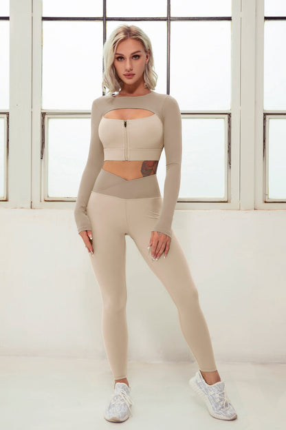 2 Piece Yoga Sets Zipper Crop Top Layered Long Sleeve Crop Top High Waisted Wrap V Waist Leggings The Clothing Company Sydney